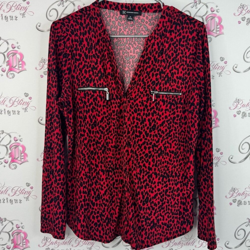 INC International Concepts long sleeve blouse zippers Red and Gray Leopard